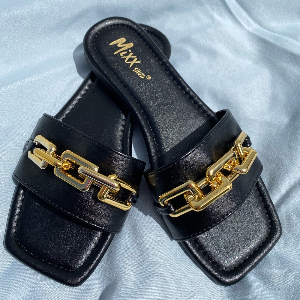 Black Sandals with gold chain by Mixx Shuz